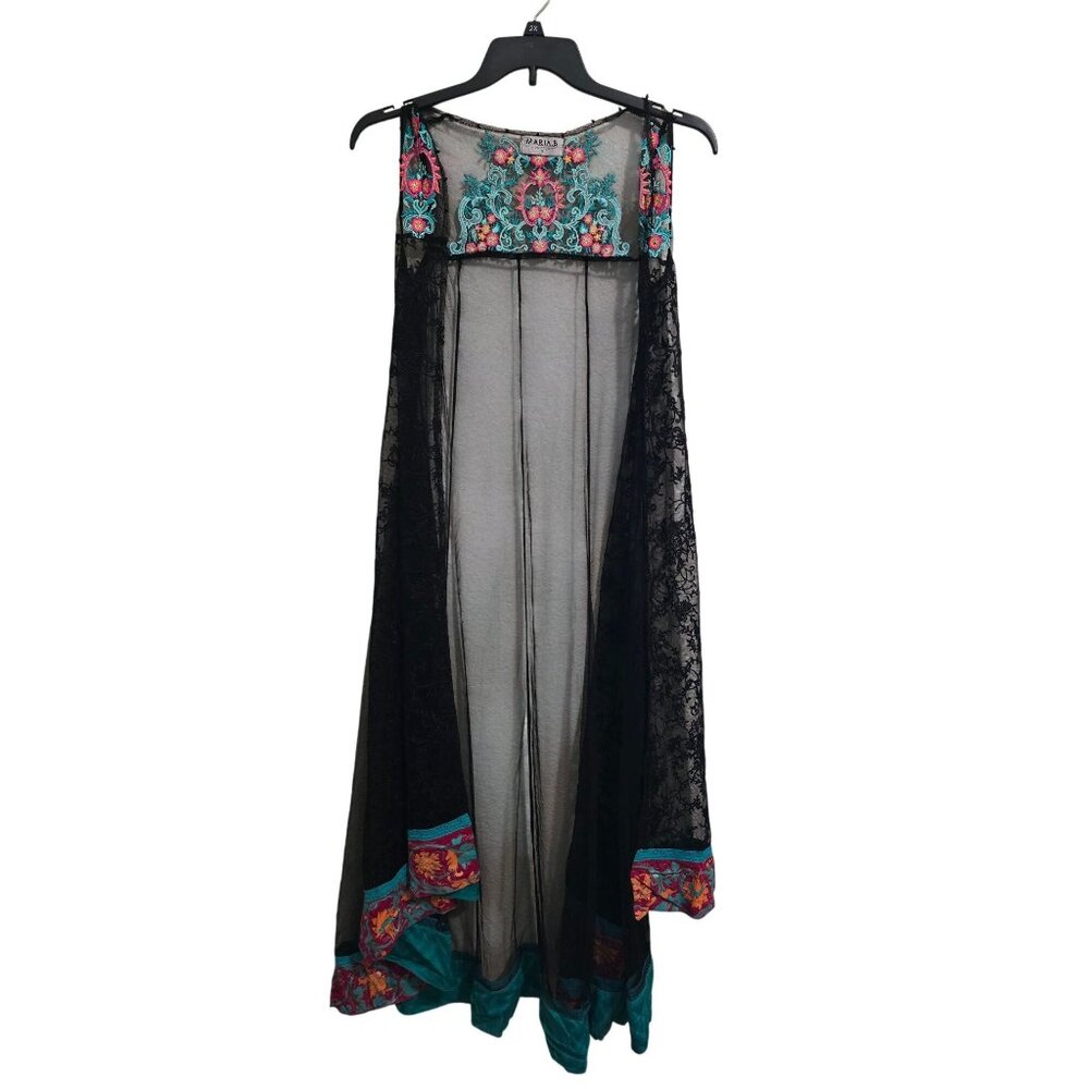 Maria B Black‎ Mesh Embroidered Cotton Duster Size S With Floral Accents BOHO
